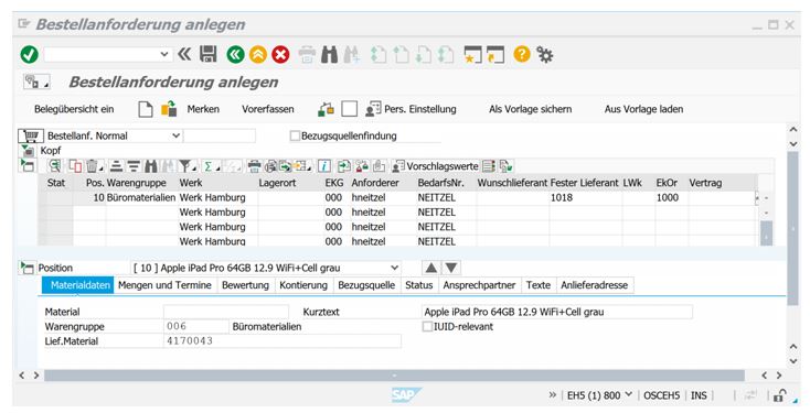 Artikel aus Lieferantenshop werden im SAP als Bestellanforderung angelegt; Bestellung erfolgt von SAP aus (zentrales System)